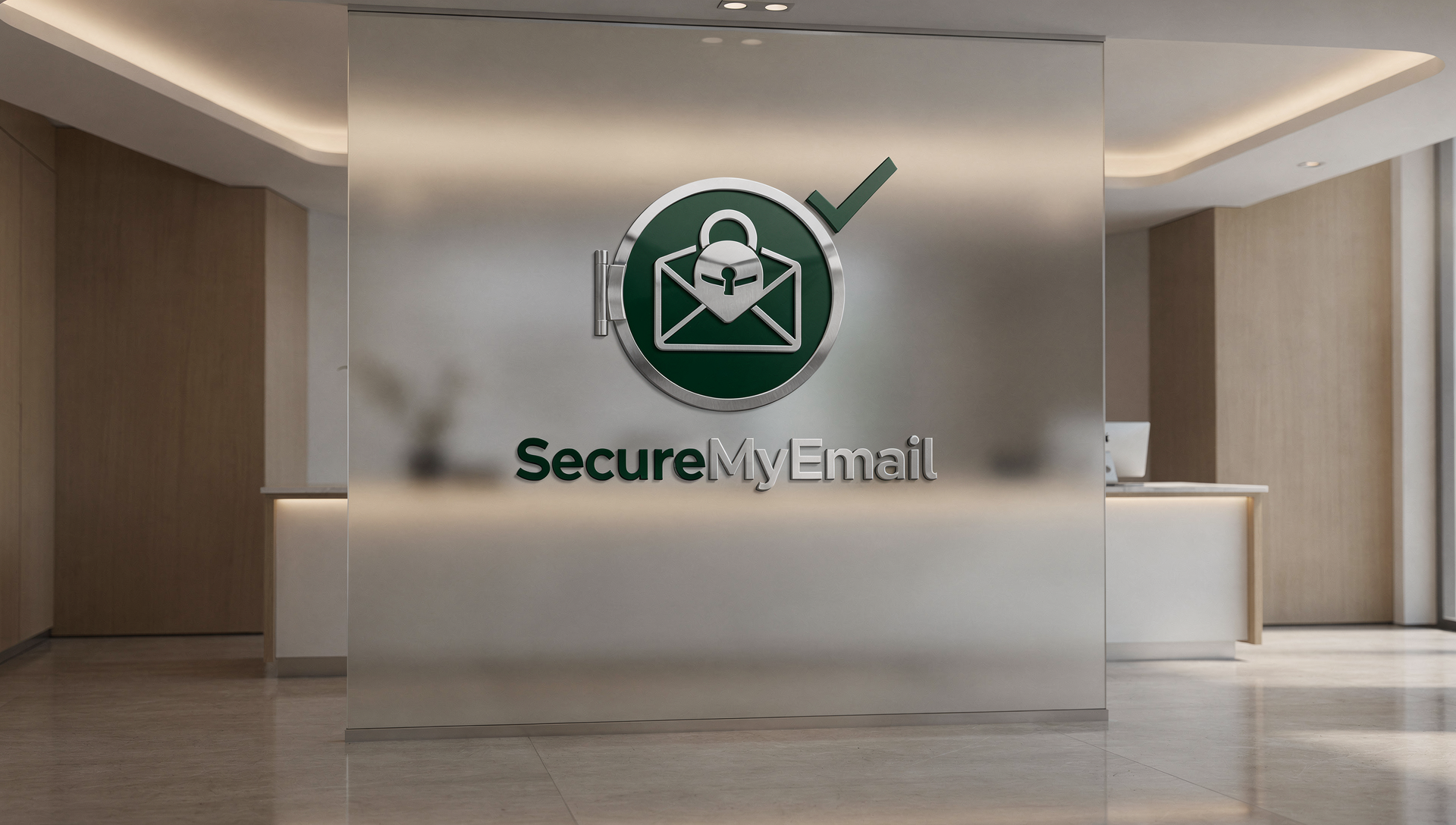 SecureMyEmail brand emblem embossed on a frosted glass office wall